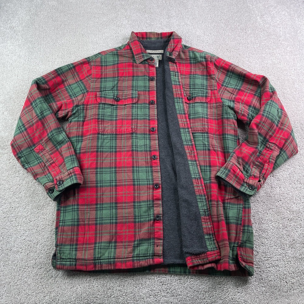 LL Bean Shirt Jacket Mens Medium Red Green Plaid Fleece Lined Flannel Shacket